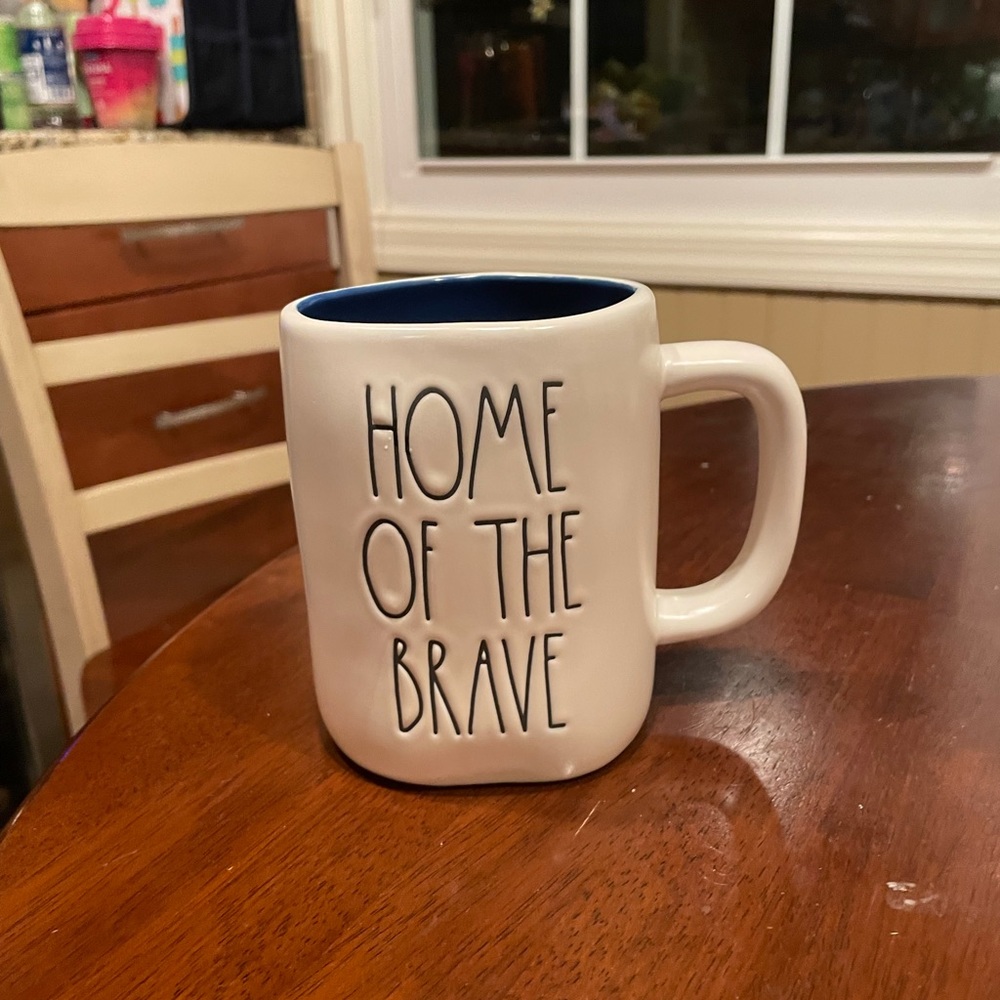 Rae dunn home of the brave mug blue inside